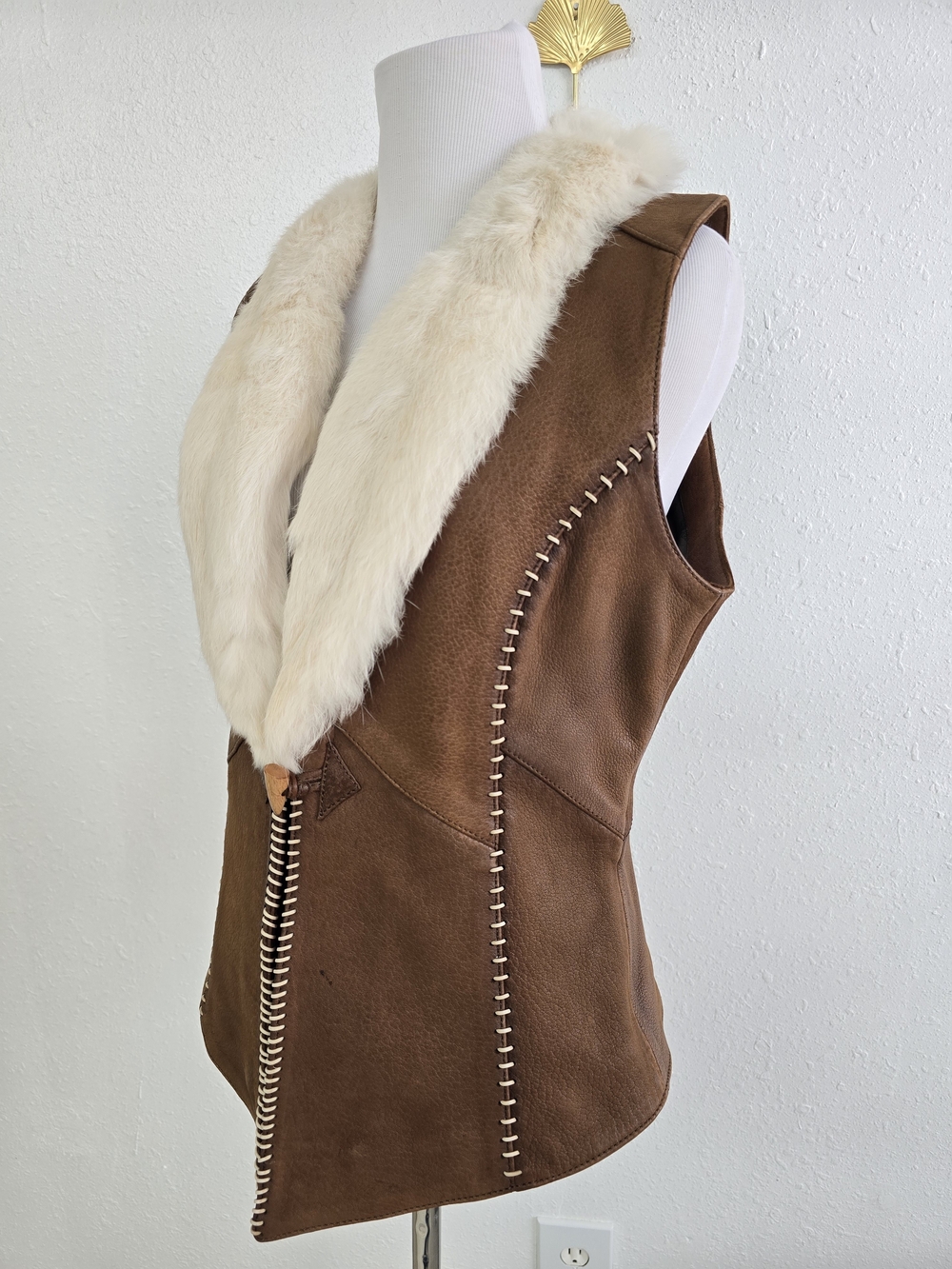 Corral Brown Sheep Leather Rabbit Fur Western Vest Women Medium Western - Picture 3 of 11